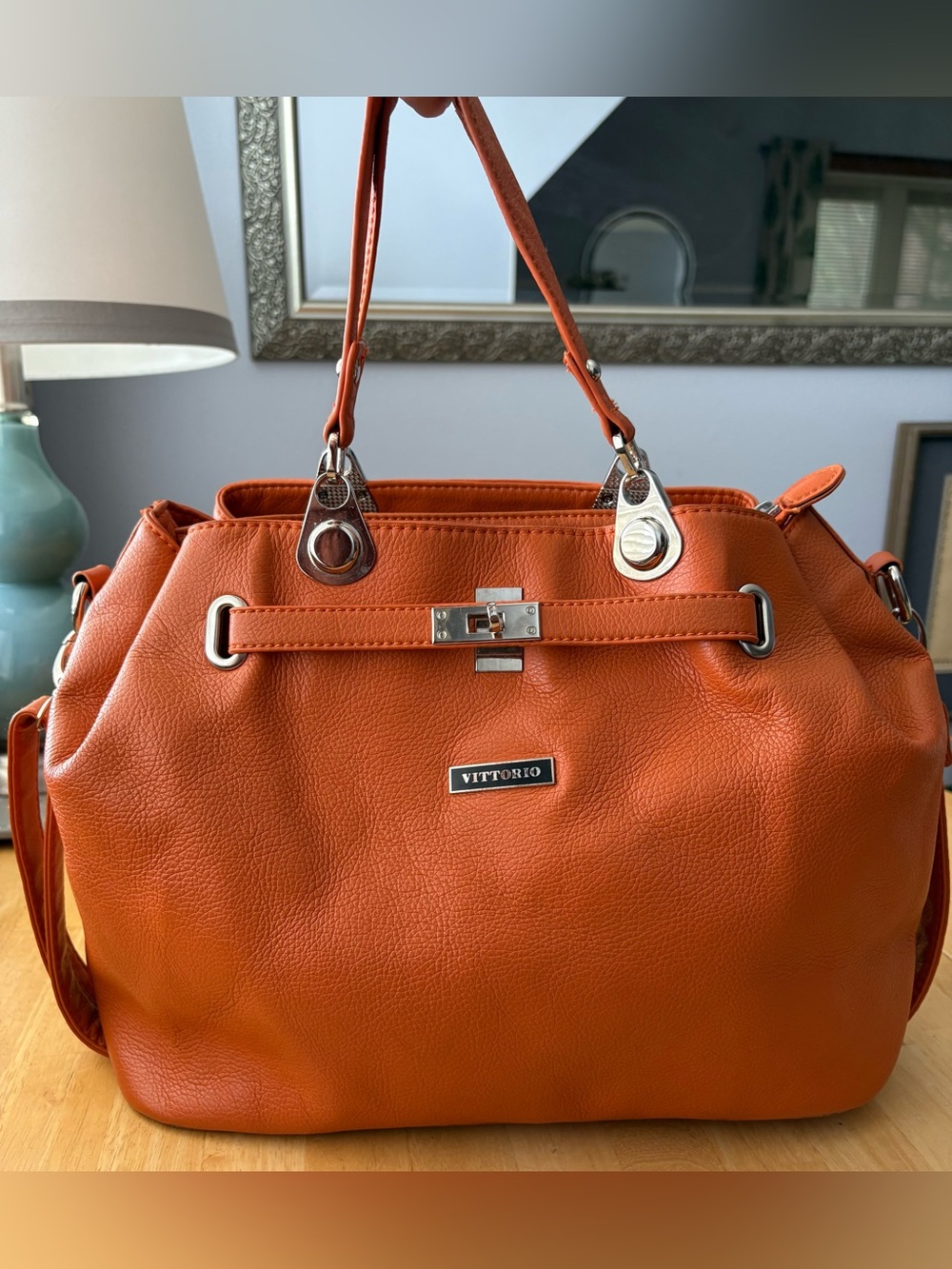 Vittorio Orange Pebbled Italian Luxe Leather Satchel Style Tote w Silver Hdware